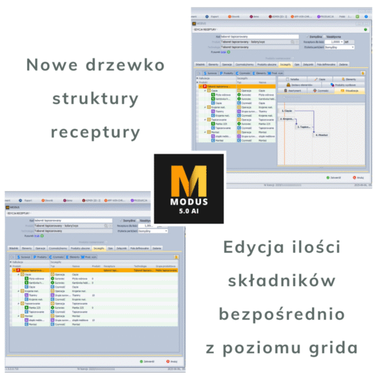 W nowej wersji wprowadzono przebudowane drzewko struktury receptury w systemie Modus, które zapewnia większą funkcjonalność, przejrzystość oraz wygodę obsługi. Zmiany obejmują zarówno interfejs użytkownika, jak i sposób edycji danych receptury.
